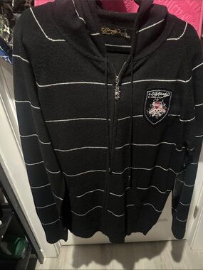 Ed Hardy Black Zip-Up Hoodie Sweater with White Stripes